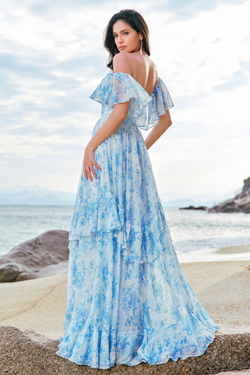 Off The Shoulder White Blue Floral Boho Bridesmaid Dress with Ruffles